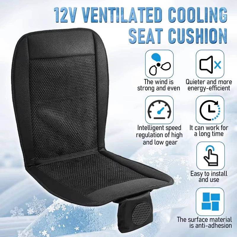 12V ventilated cooling seat cushion with features listed on a light blue background