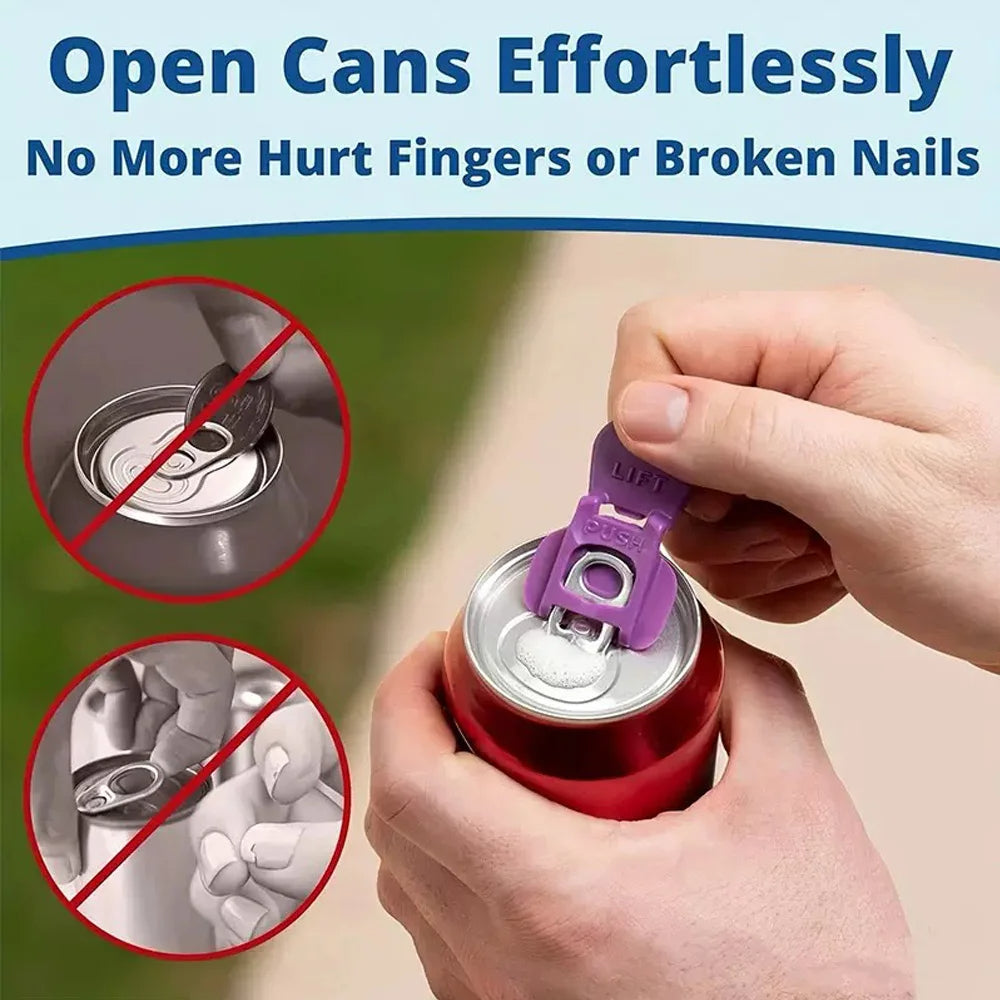 Can opener being used on a can with text highlighting ease of use and safety benefits.