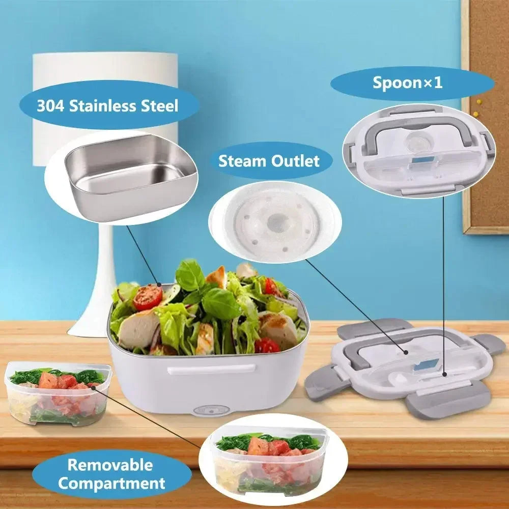 2-In-1 Electric Heating Lunch Box with various features highlighted on a wooden surface.