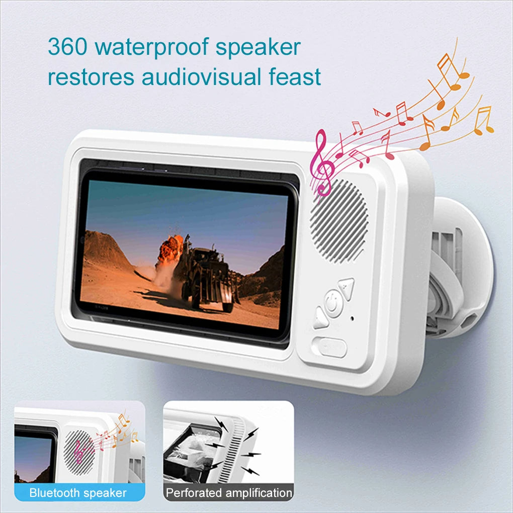 360 waterproof white shower phone holder with screen and audiovisual features on a light blue background