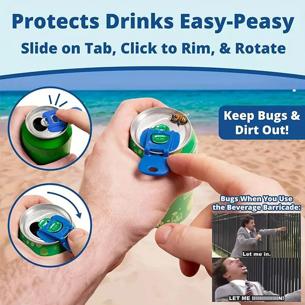 Beverage barricade with slide tab, click to rim, and rotate feature on a beach background.