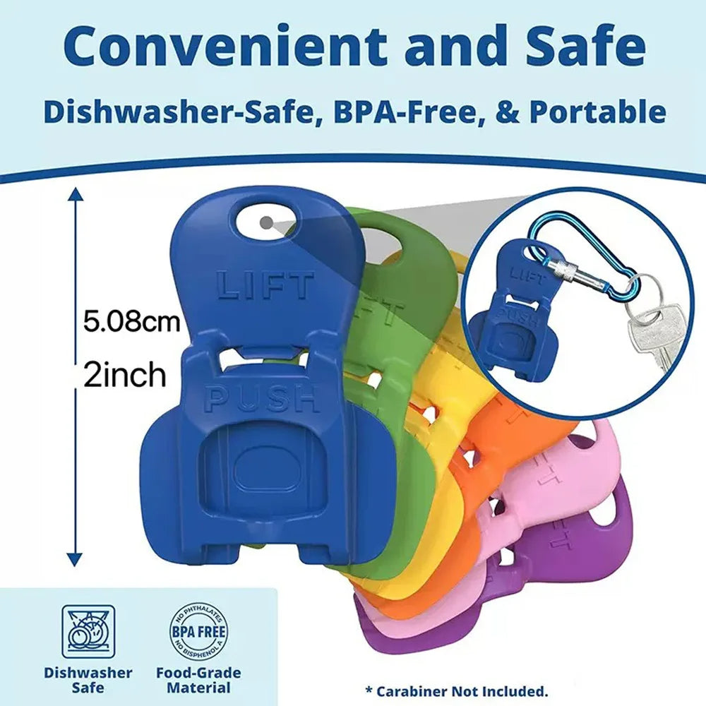 Colorful key holder clips with a carabiner attachment on a blue background, labeled as dishwasher-safe, BPA-free, and portable.