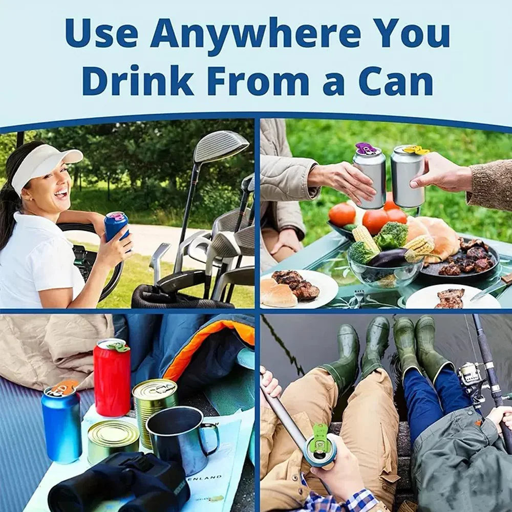 Collage of people using a can holder in various settings