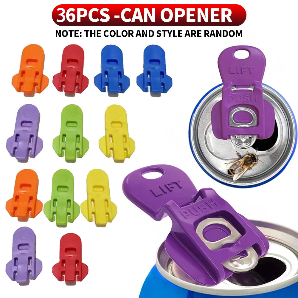 Set of colorful can openers with a close-up of one in action on a white background.