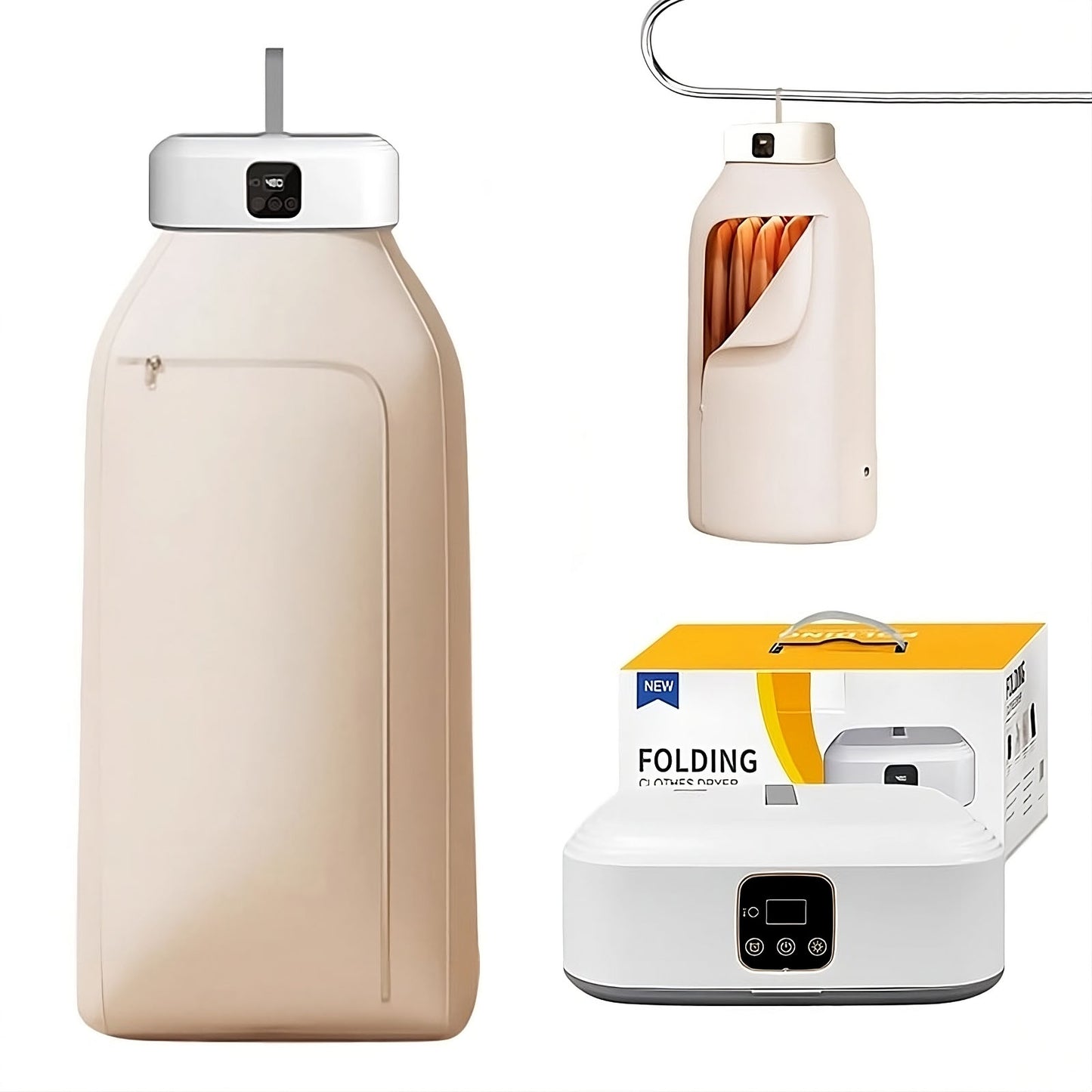 Collage of a beige portable clothes dryer machine, a folded version of the same device, and its packaging on a white background.