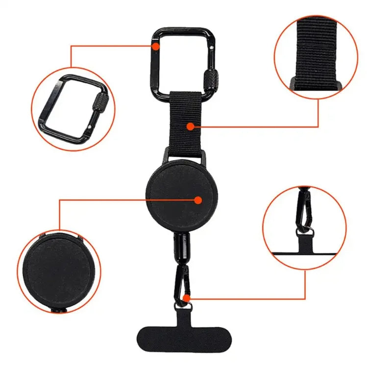 Black anti-theft retractable phone strap with detailed diagram on a white background