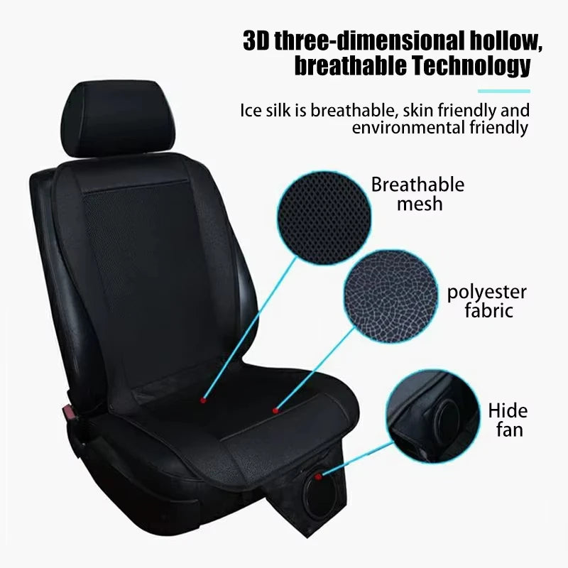 Black car seat cover with breathable technology features on a white background