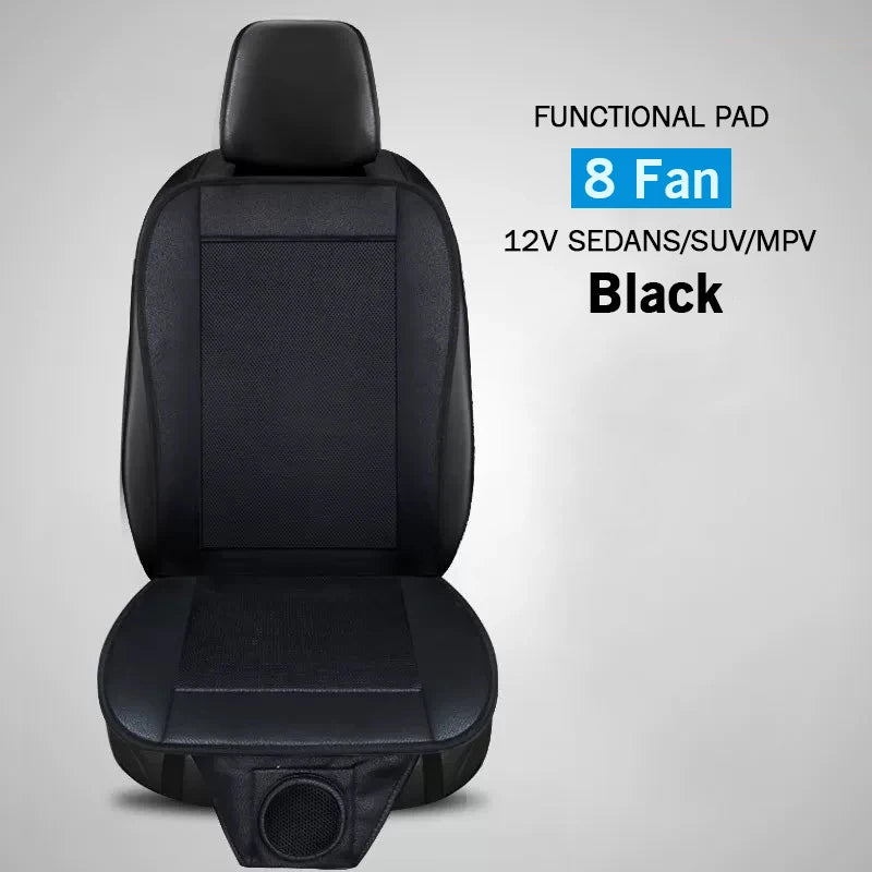 Black car seat cover with fan and text on a gray background