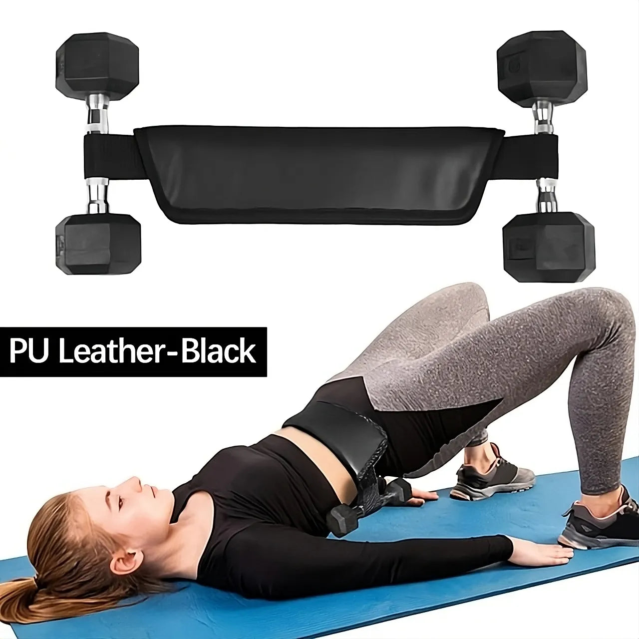 Person using a black exercise belt with dumbbells on a white background