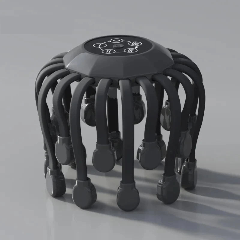 Black and gray head massage device with multiple flexible legs on a gray background