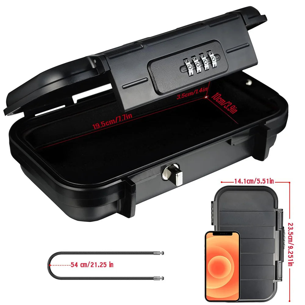 Black lockable security box with dimensions and smartphone for scale on a white background