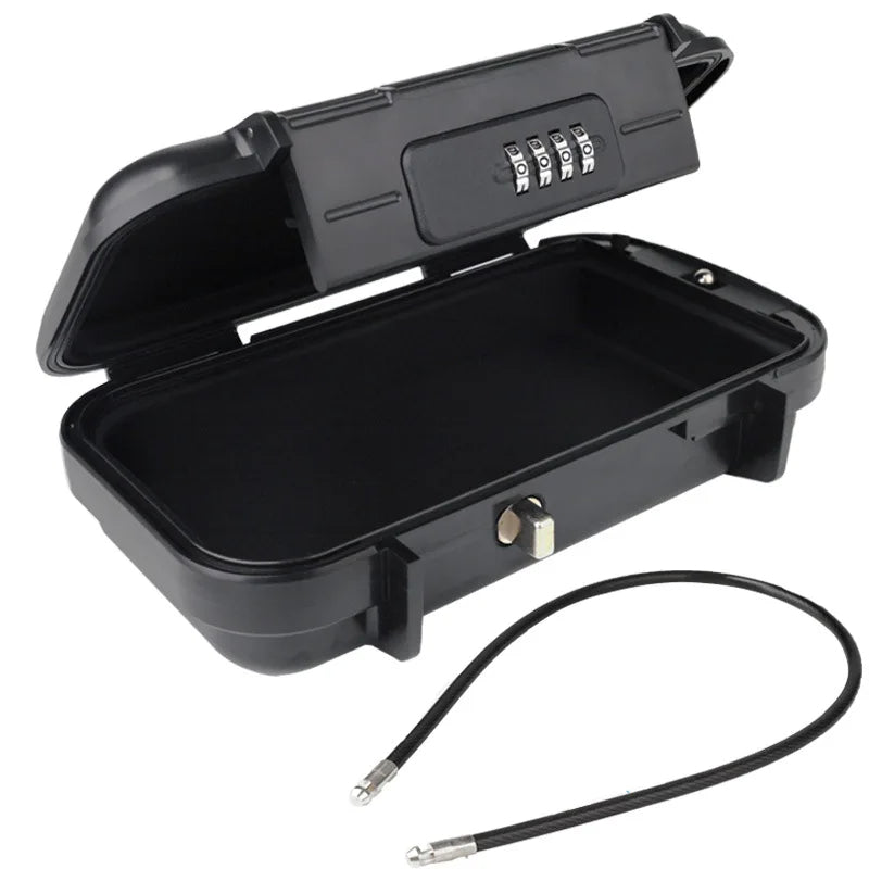 Black portable security box with a combination lock on a white background