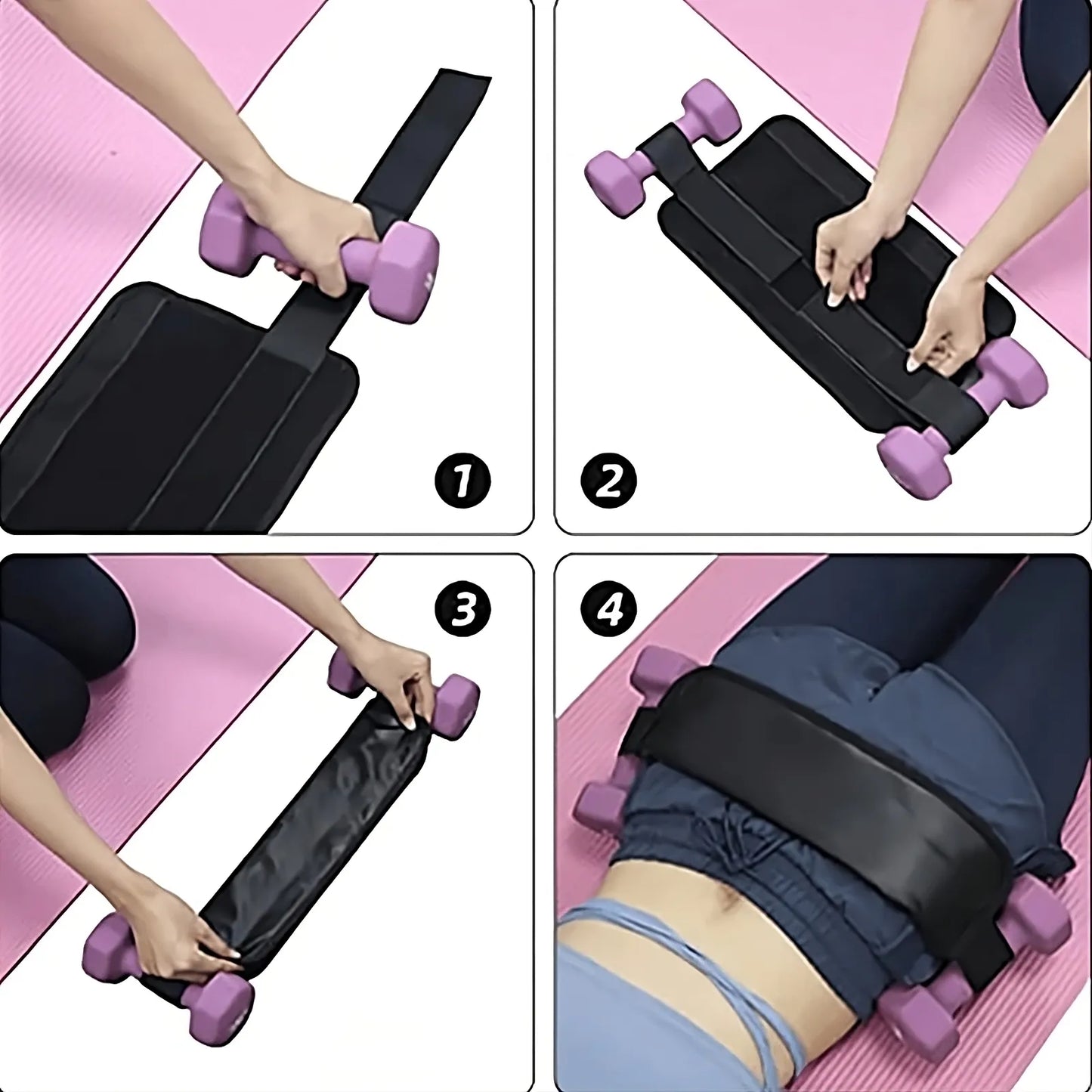 Step-by-step guide on using a black and purple roller on a pink mat.
