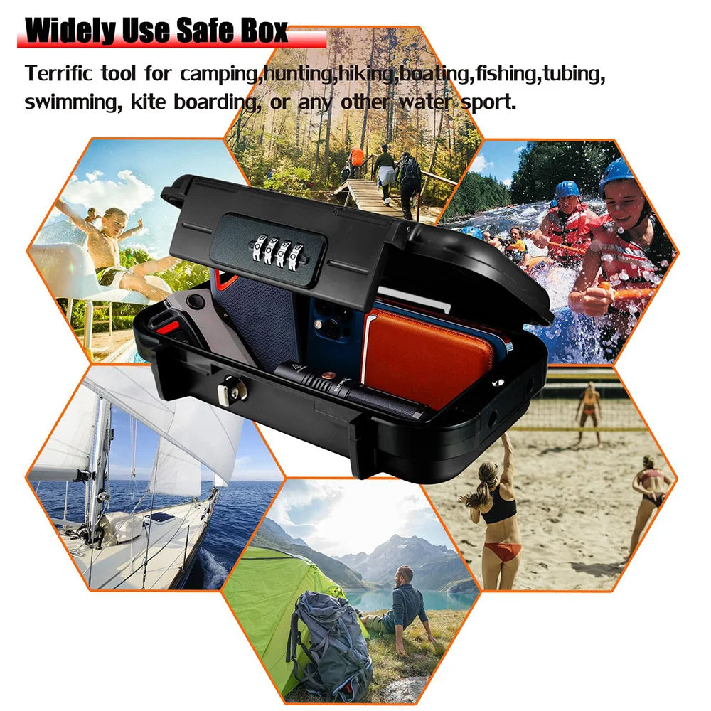Black safe box with combination lock surrounded by outdoor activities images.