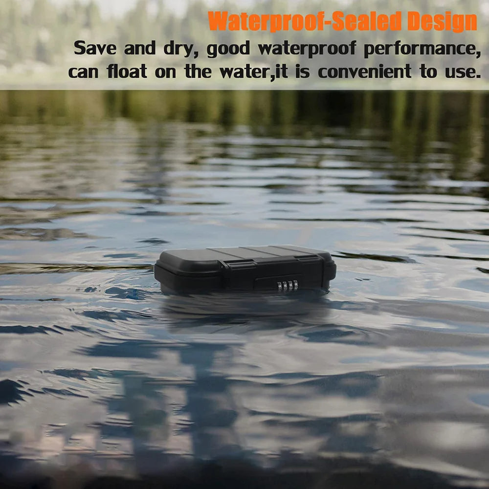 Black waterproof-sealed device floating on water with text about its performance.