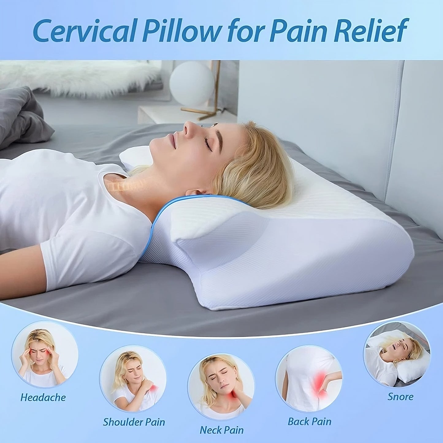 Woman lying on a cervical pillow for pain relief with images of different pain types below.