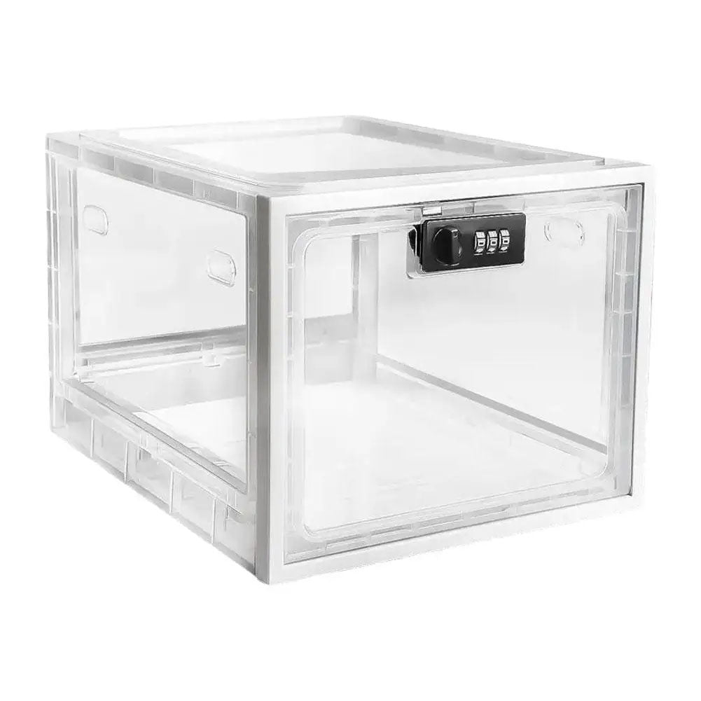 Clear plastic storage box with a lock on a white background