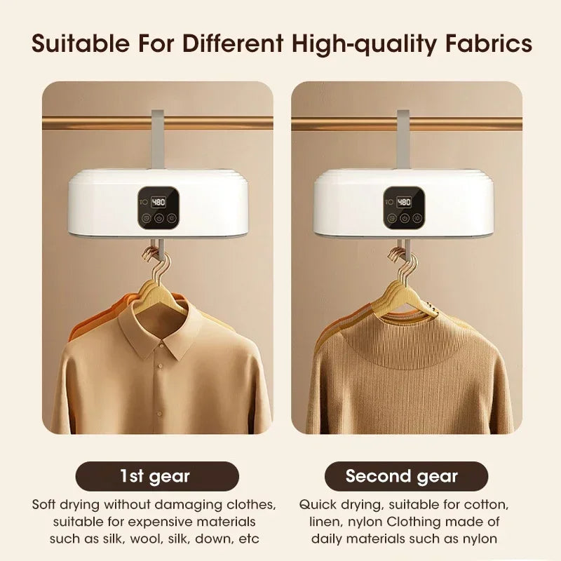 Clothing dryer on a hanger with text indicating different gear settings for fabric types.