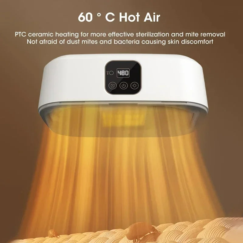 Clothing dryer emitting heat with text about PTC ceramic heating on a brown background