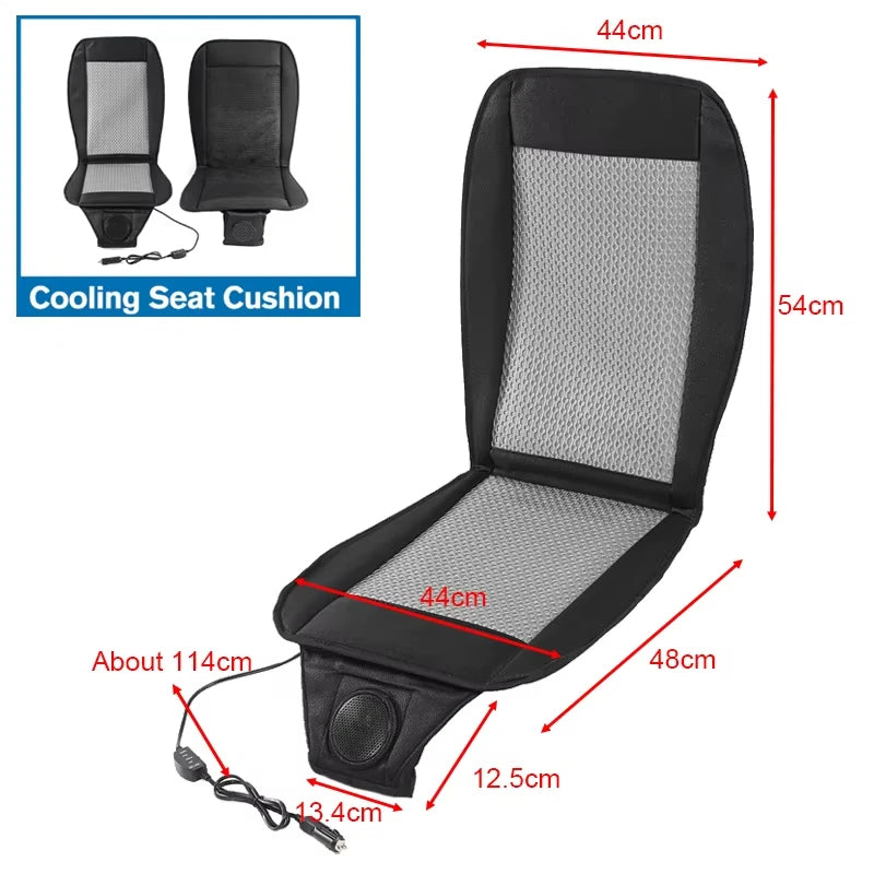 Cooling seat cushion with dimensions and cable details on a white background