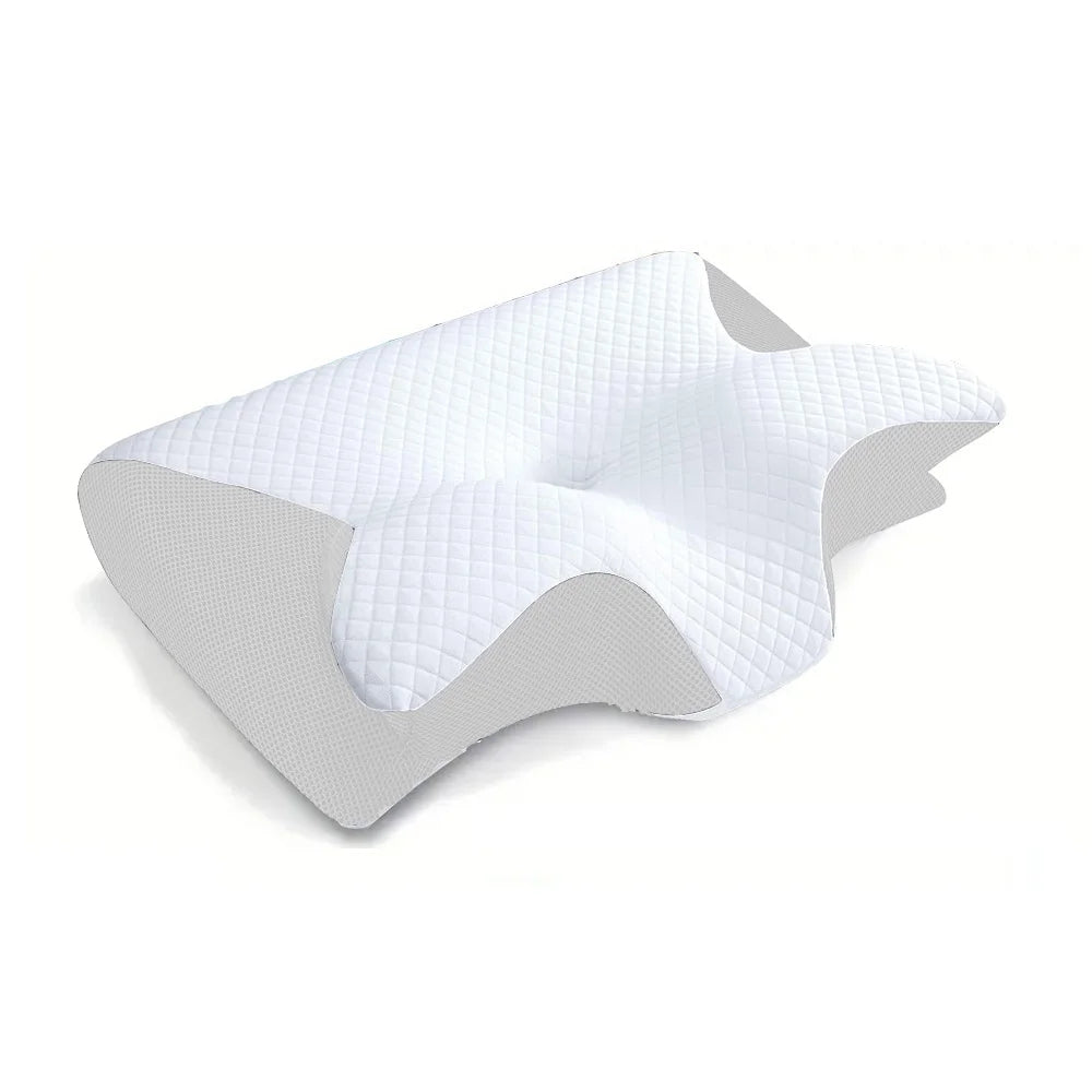 Cushion with white textured surface and gray border on a white background
