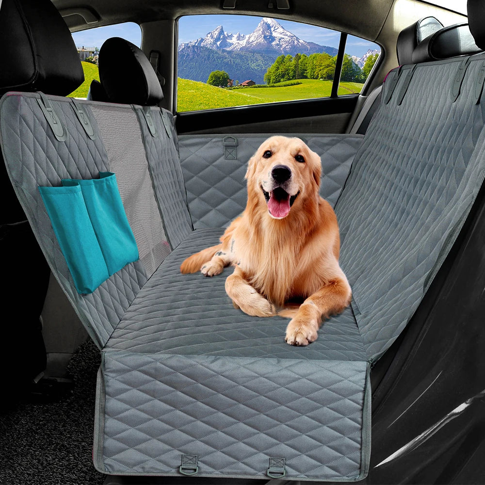 Dog sitting on a car seat cover with mountains in the background