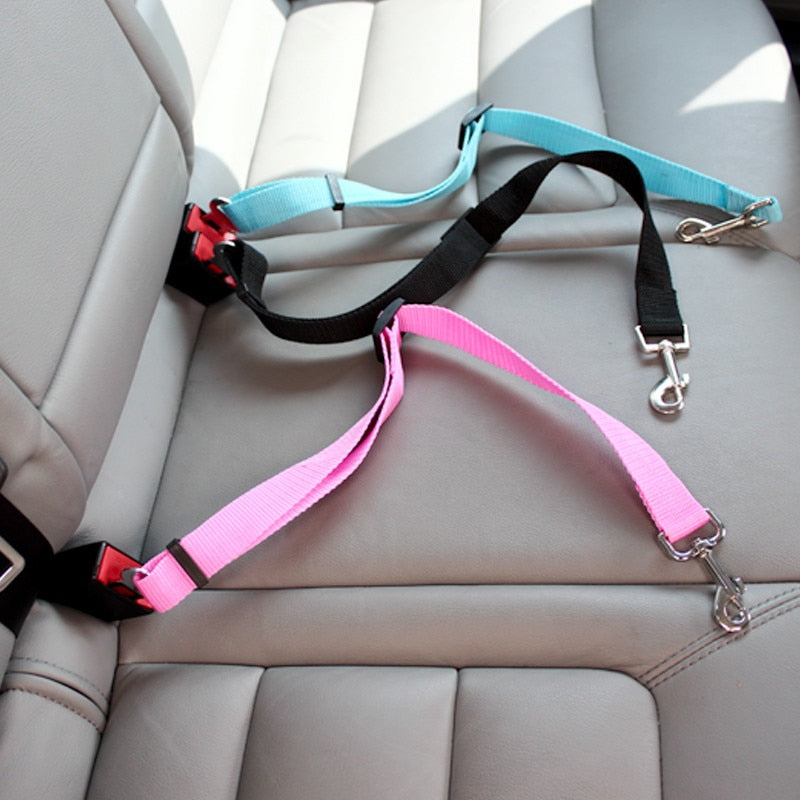 Two dog leashes attached to a car seat with a pink leash on top and a black leash on the bottom.