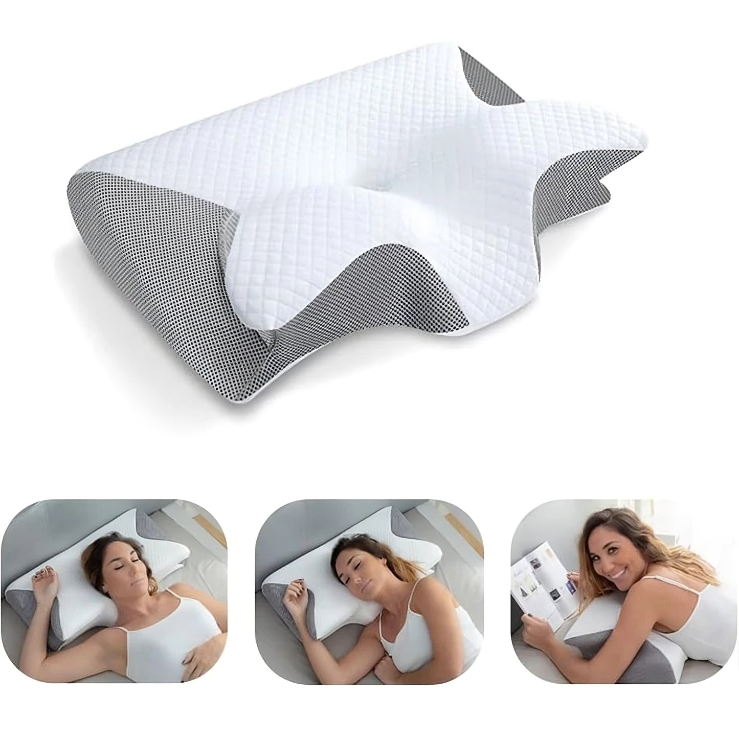 Ergonomic pillow with gray and white design, shown with users on a white background