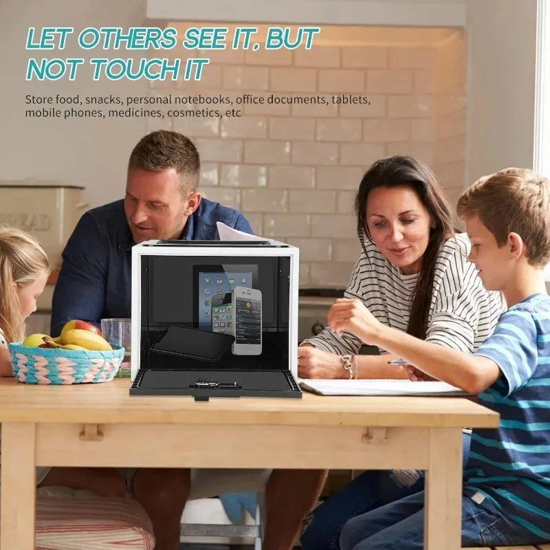 Family sitting around a table with a fridge lock box containing devices like phone , tablet etc...