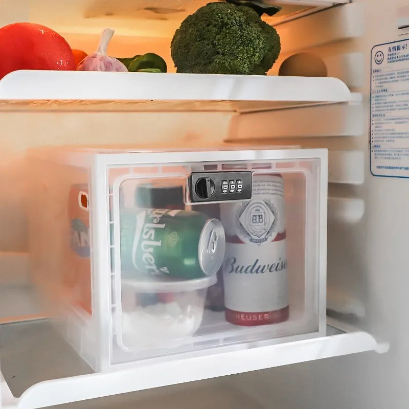 Fridge lock box with drinks inside, open door showing vegetables on top