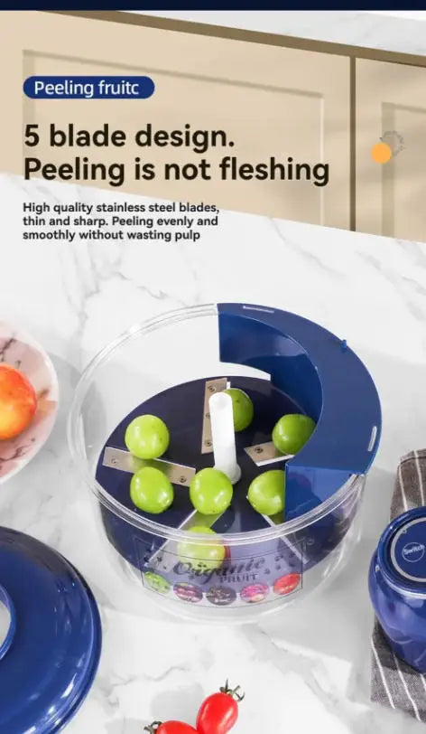 Fruit peeling device with green apples inside, placed on a white surface with a kitchen background.