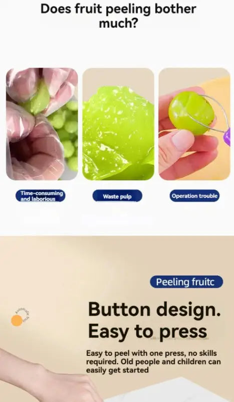 Fruit peeling tool with text and images of hands using it.