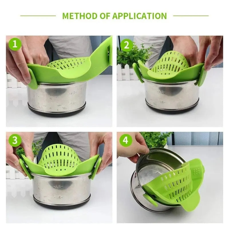 Step-by-step demonstration of using a green kitchen tool on a white background