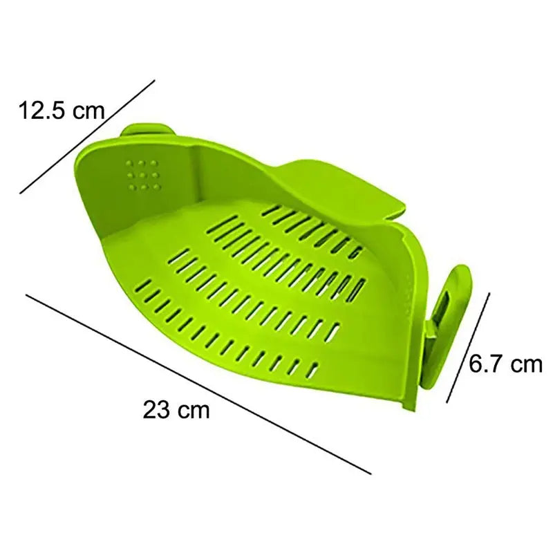 Green kitchen strainer with measurements on a white background