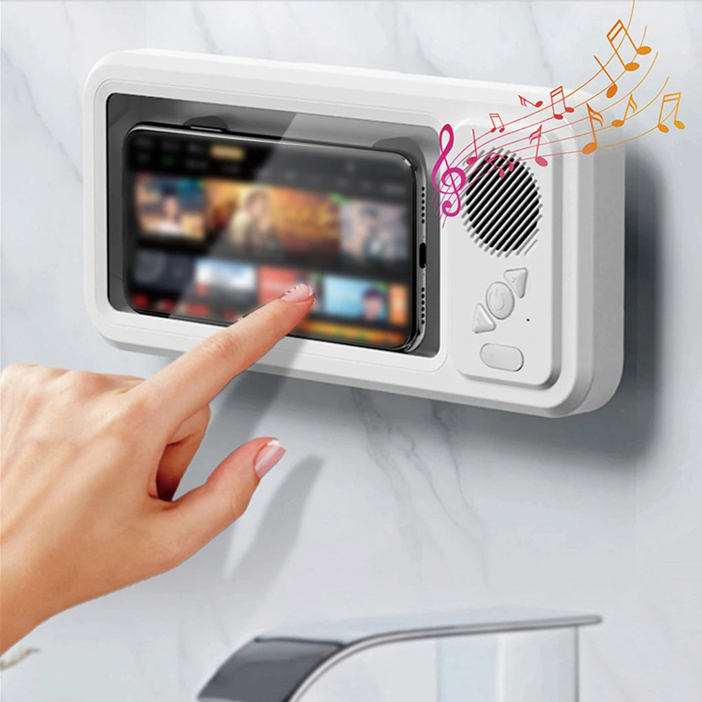 Hand interacting with a shower phone holder with music notes above.