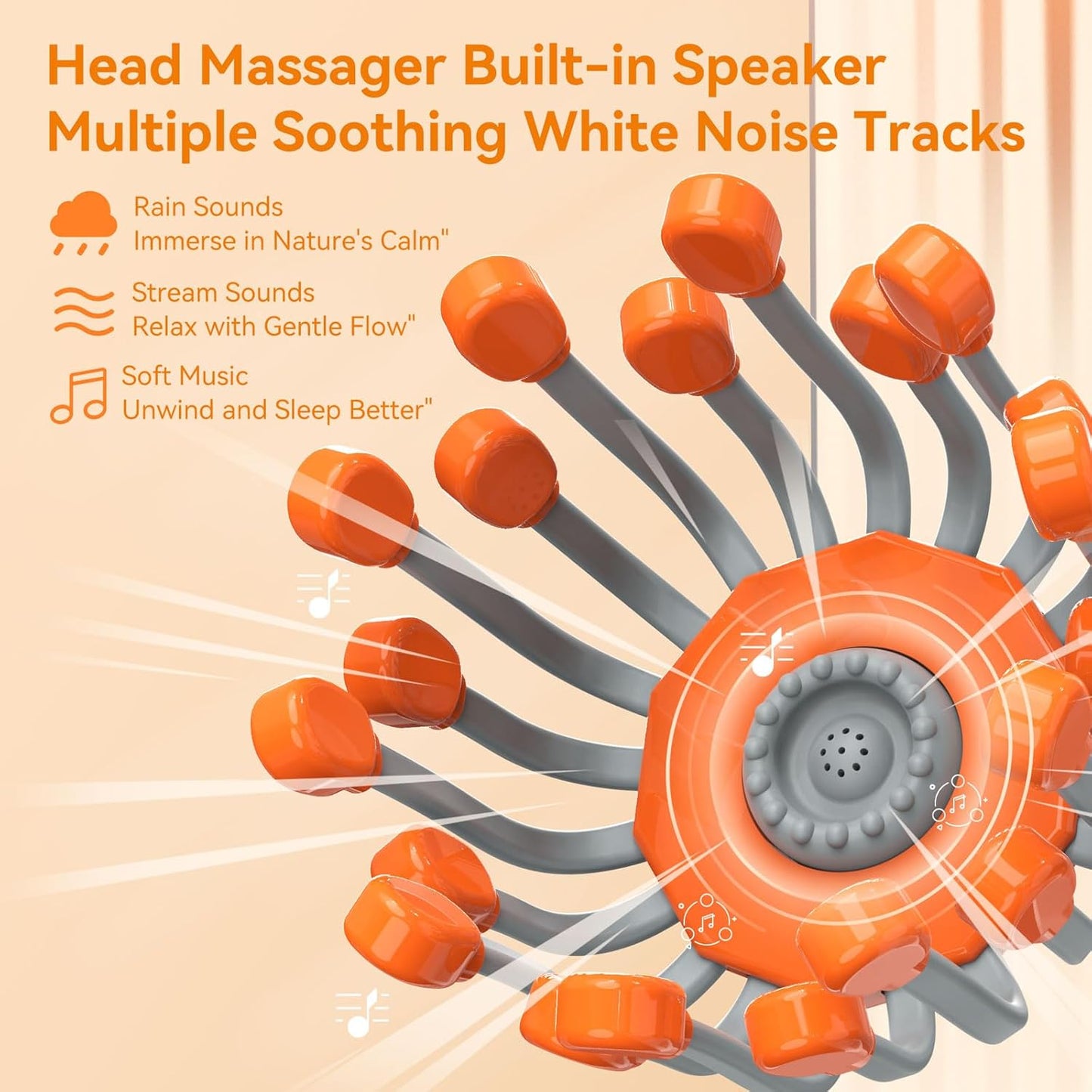 Head massager with built-in speaker and white noise features on a beige background