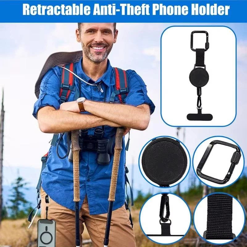 Man with hiking gear using a retractable anti-theft phone holder with additional images of the product.
