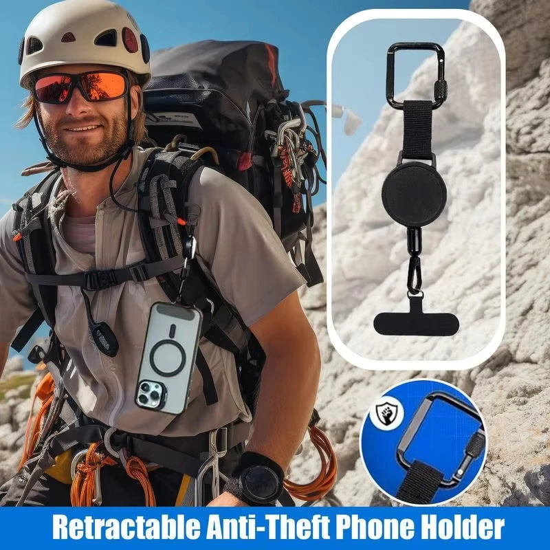 Man with hiking gear and a retractable anti-theft phone holder on a rocky background