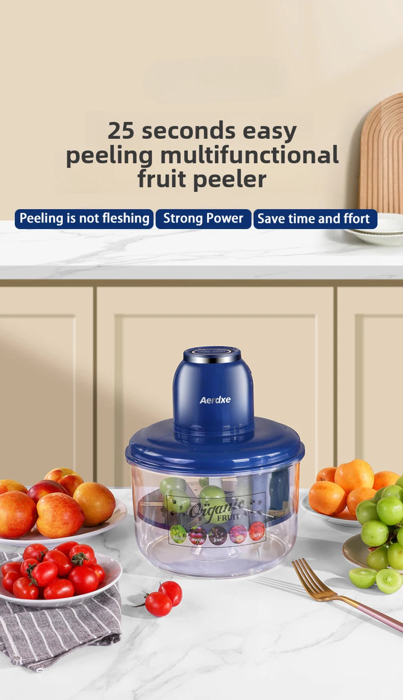 Multifunctional fruit peeler on a kitchen counter with fruits around