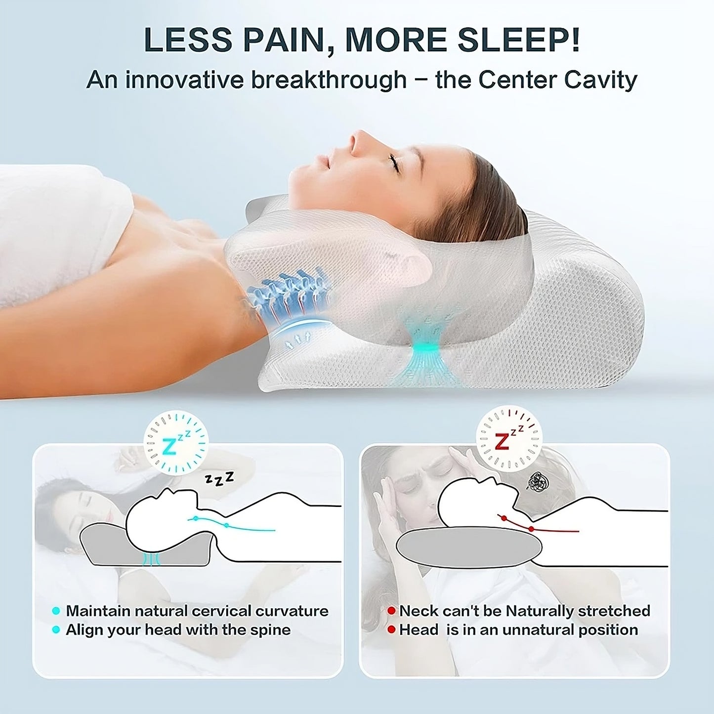 Person lying on a neck pillow with text 'Less Pain, More Sleep!' and illustrations of its benefits.