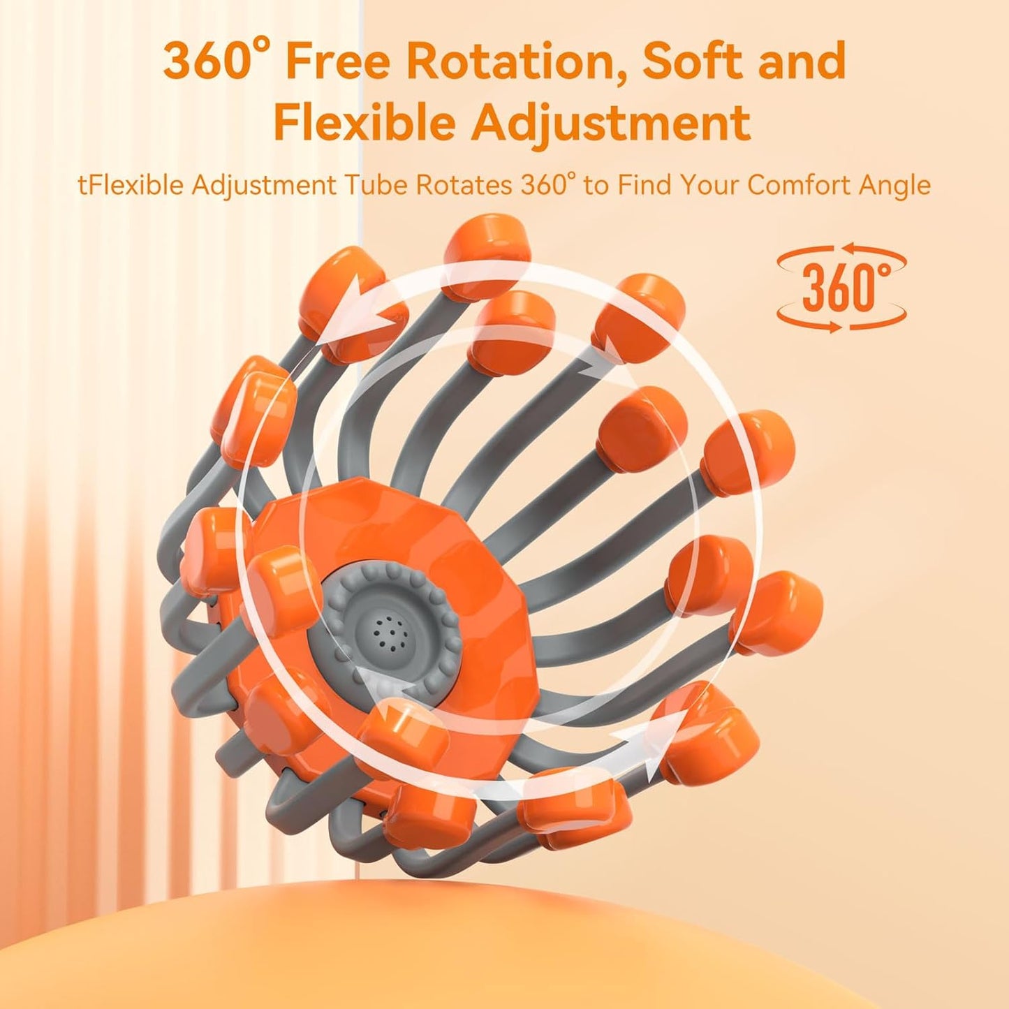 Orange and gray flexible adjustment massage device with text on a beige background