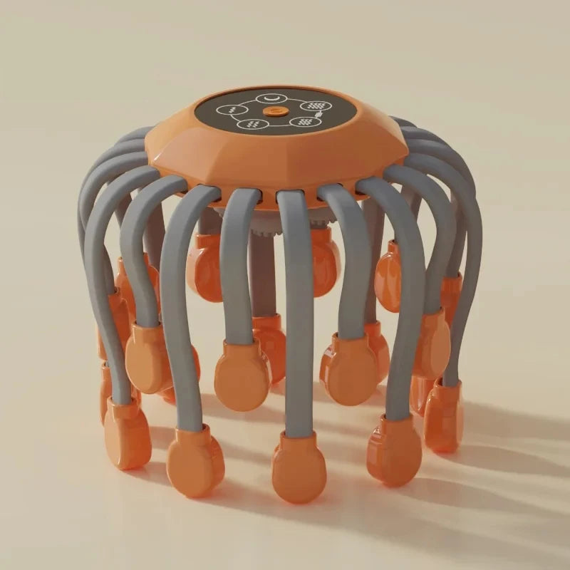 Orange and gray head massage device with multiple flexible legs on a beige background