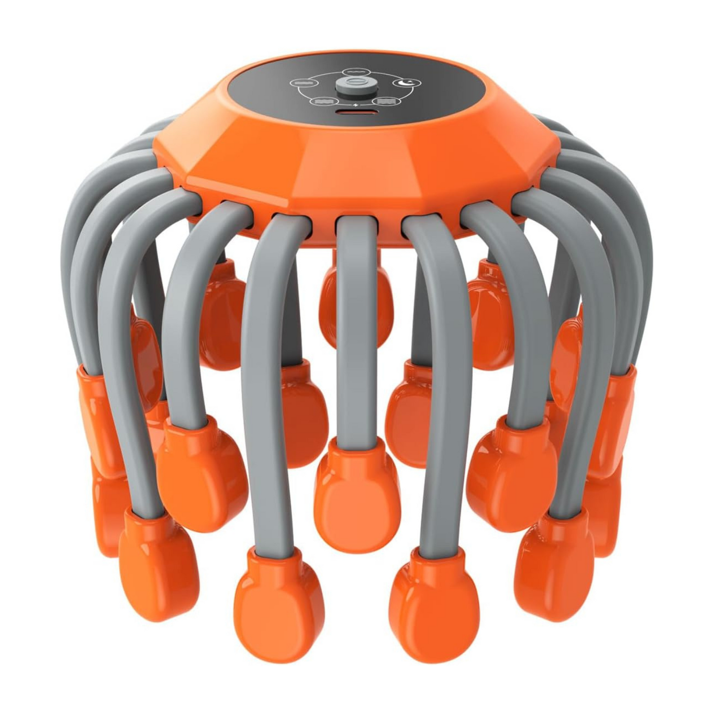 Orange and gray head massager device for migraine relief with multiple flexible arms on a white background