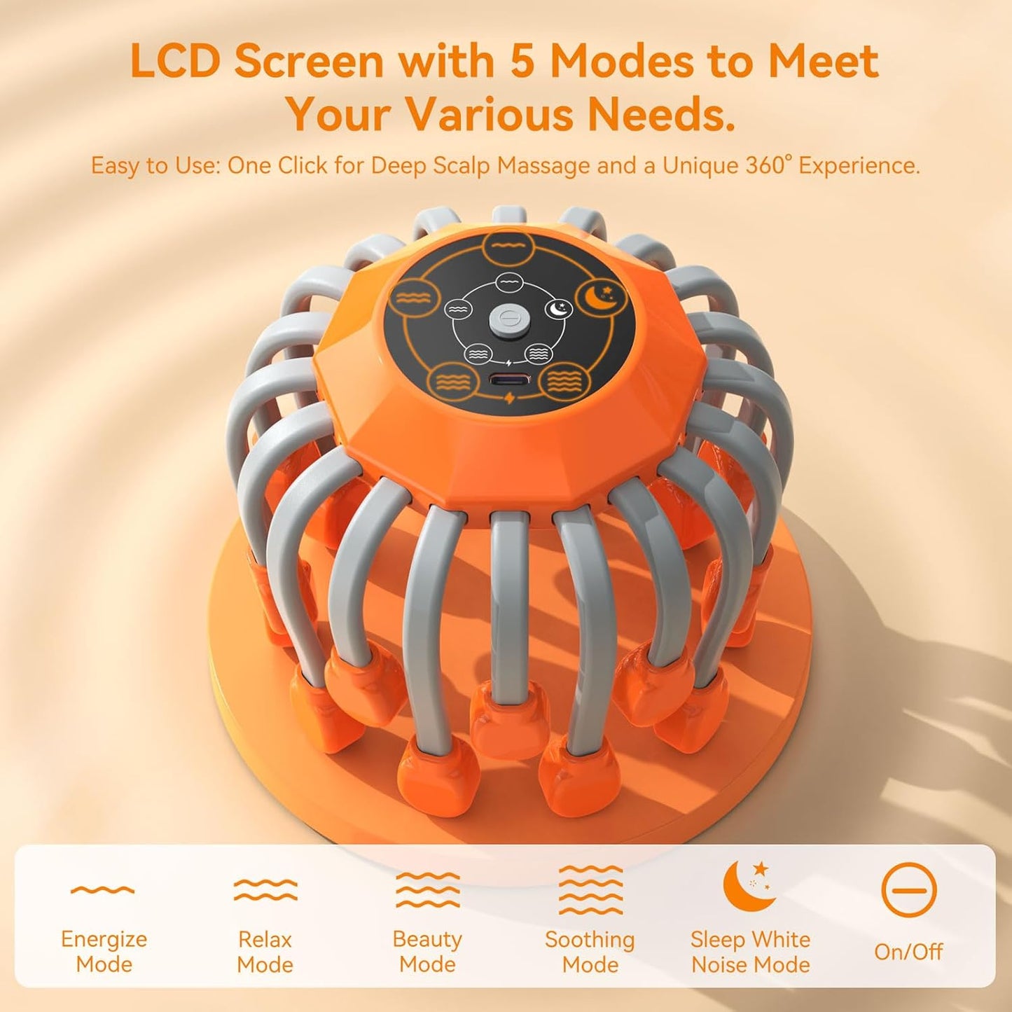 Orange and gray scalp massager with LCD screen on a beige background