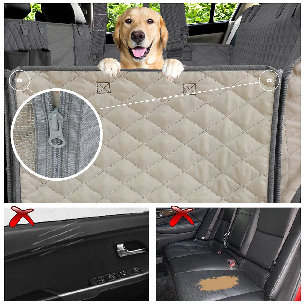 Pet car seat cover with quilted design, zipper detail, and examples of use in a car.