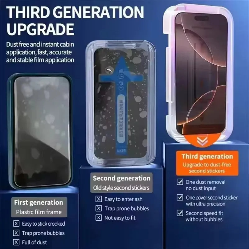 Comparison of first, second, and third generation phone screen protector upgrades with text and icons on a blue background.