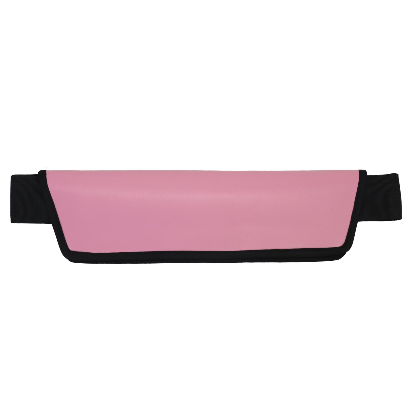 Pink waist bag with black trim on a white background