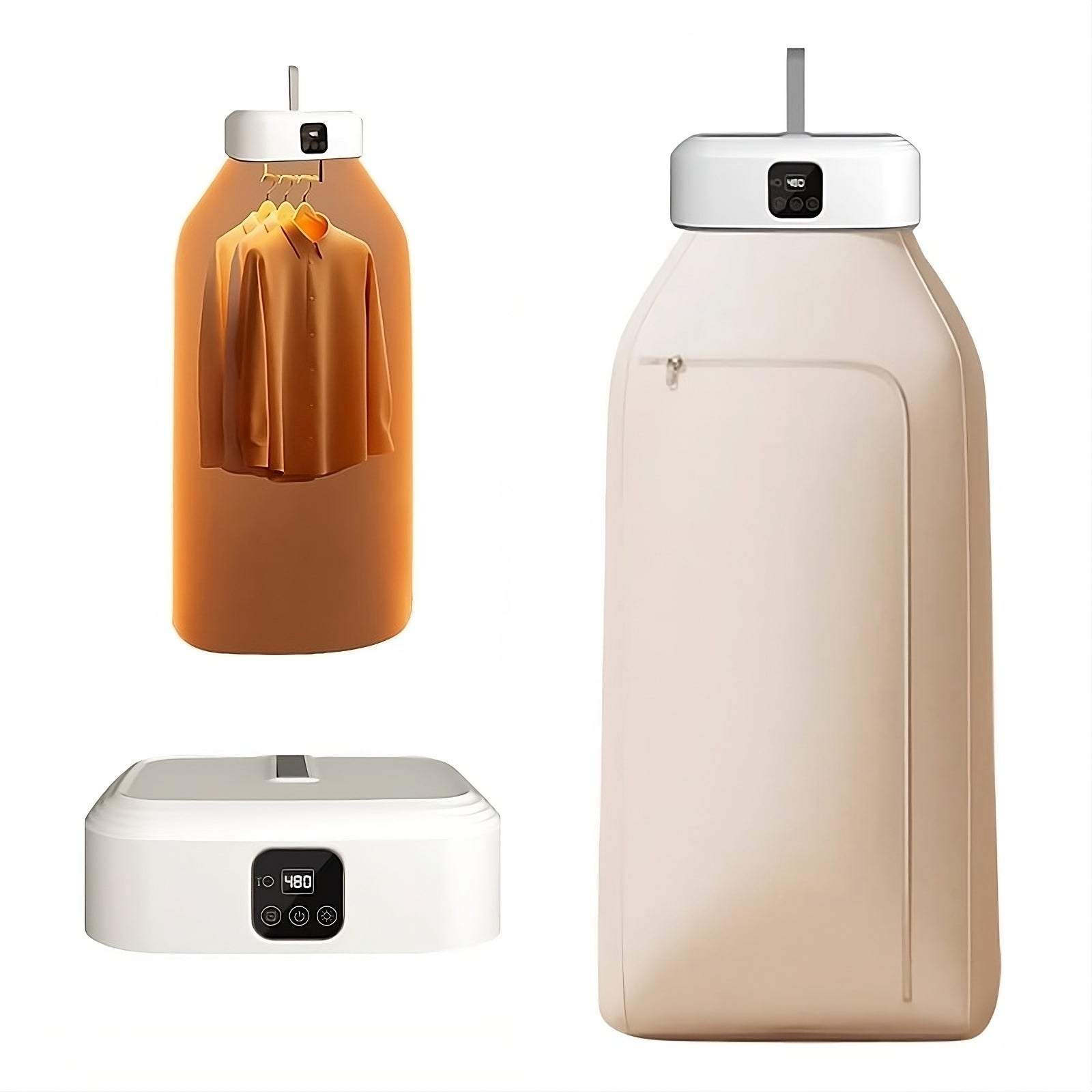 portable clothes dryer machine with hanging clothes on a white background