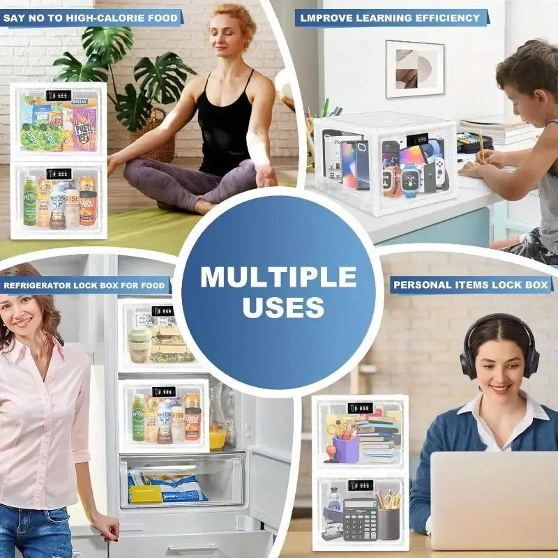 Collage of a refrigerator lock box with various uses including food storage, learning efficiency improvement, and personal items security.