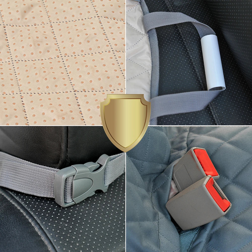 Collage of seat belt buckles and padding with a shield icon in the center.